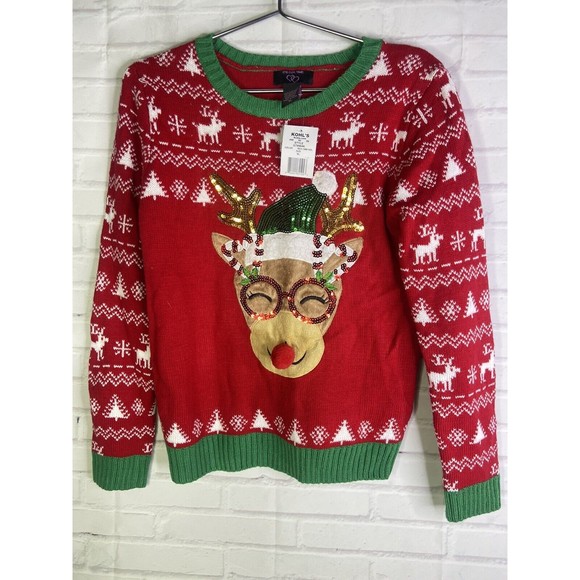 Smiling Reindeer Embellished Christmas Holiday Sweater Girls Size XL - Picture 1 of 8
